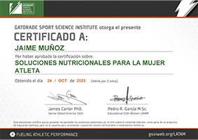 Certificación en Soluciones Nutricionales para la mujer Atleta del GSSI Gatorade Sports Science Institute concedida al Entrenador de ciclismo Jaime TwoInky - Two Inky Bike