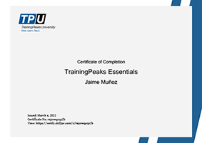 Certificación Essentials de TrainingPeaks concedido al entrenador de ciclismo Jaime TwoInky de Two Inky Bike